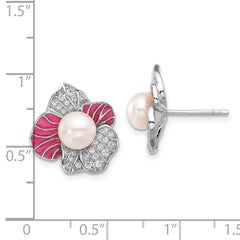 Rhodium-plated Silver Pink Enamel 6-7mm FWC Pearl CZ Flower Earrings