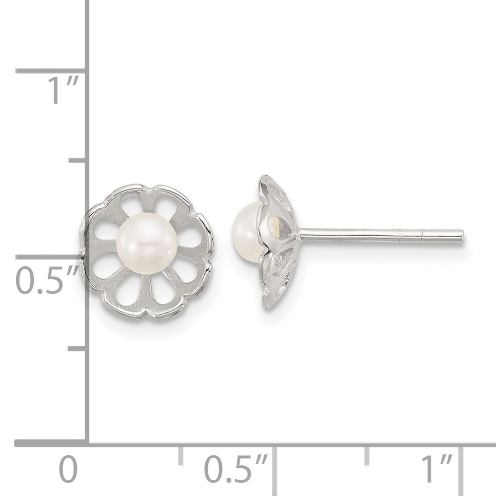 Sterling Silver Polished Flower FWC Pearl Post Earrings