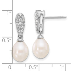 Rhodium-plated Silver 8-9mm FWC Pearl and CZ Post Dangle Earrings
