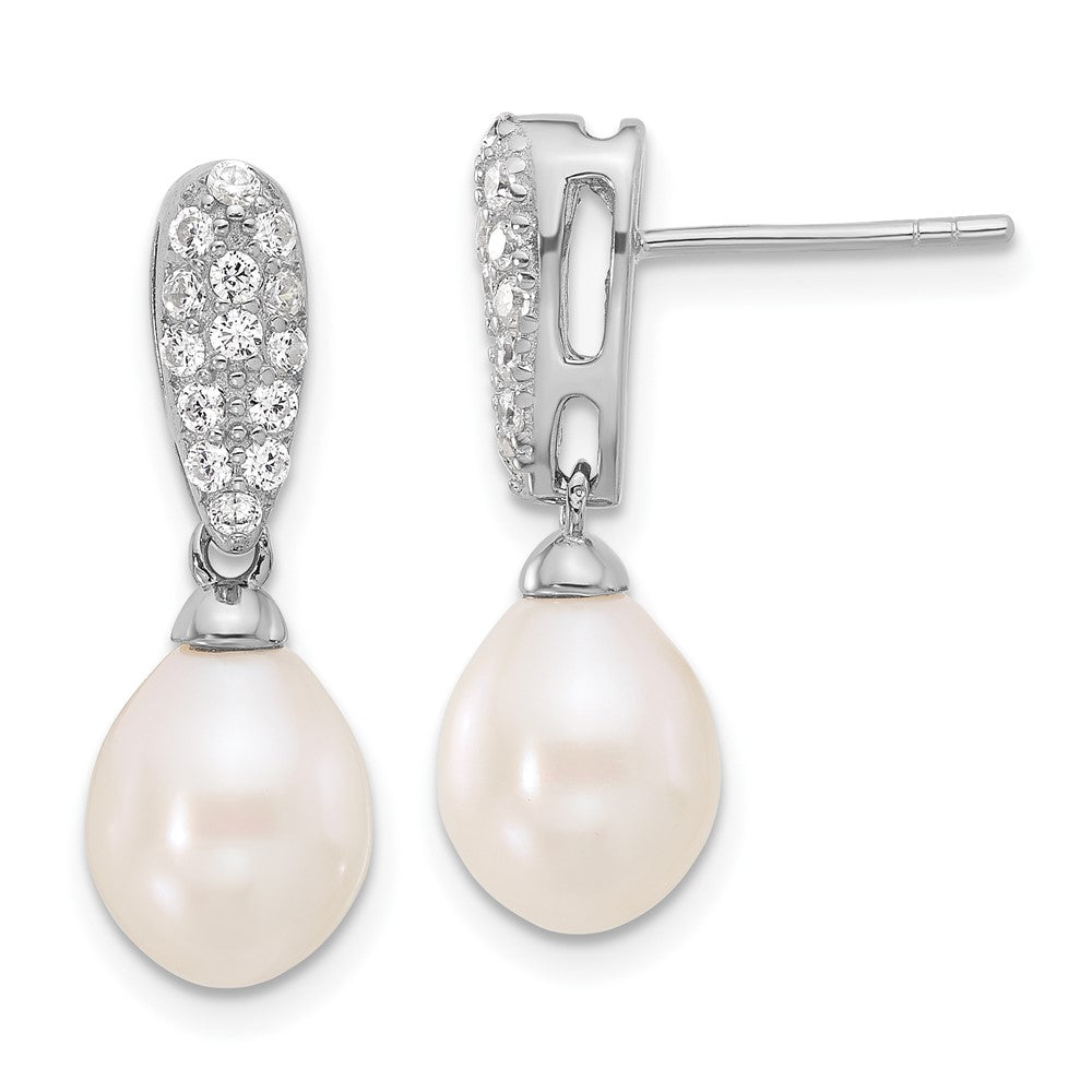 Rhodium-plated Silver 8-9mm FWC Pearl and CZ Post Dangle Earrings