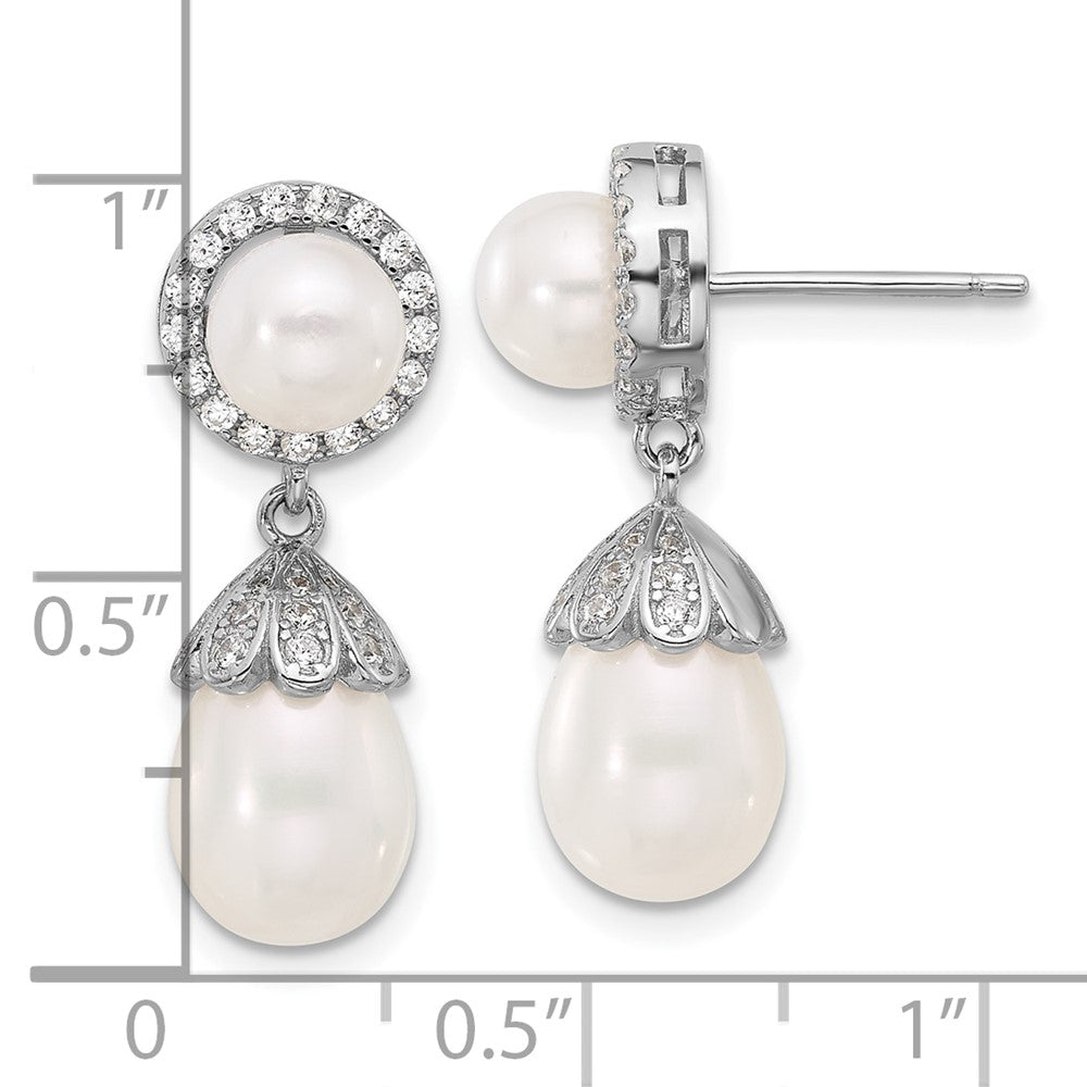 Rhodium-plated Silver 6-8mm FWC Pearl CZ Post Dangle Earrings