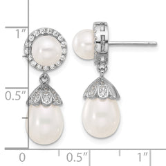 Rhodium-plated Silver 6-8mm FWC Pearl CZ Post Dangle Earrings