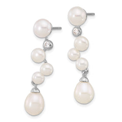 Rhodium-plated Sterling Silver FWC Pearl CZ Post Dangle Earrings