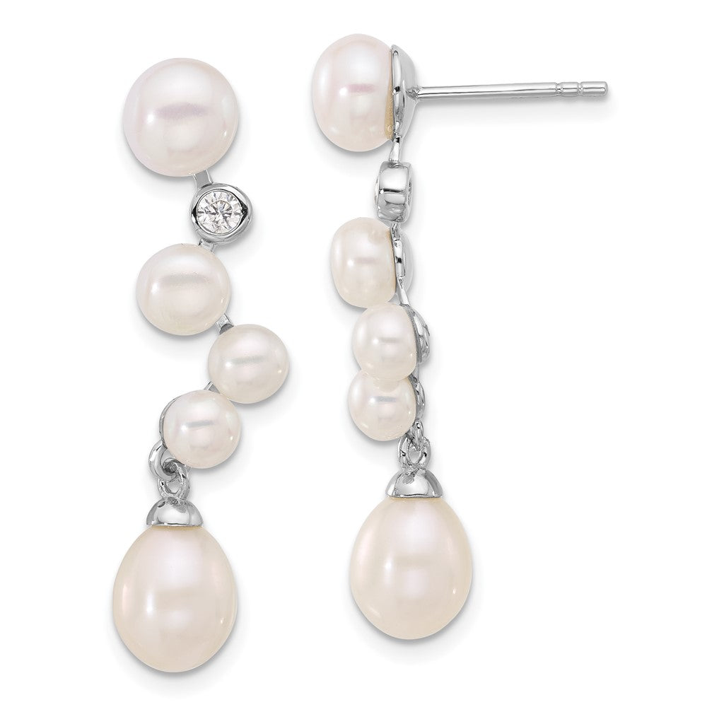 Rhodium-plated Sterling Silver FWC Pearl CZ Post Dangle Earrings