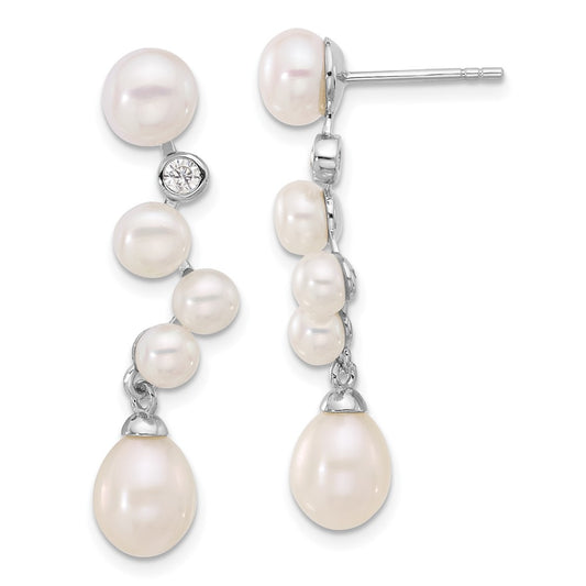 Rhodium-plated Sterling Silver FWC Pearl CZ Post Dangle Earrings