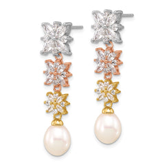 Sterling Silver, Yellow & Rose Gold-plated FWC Pearl CZ Post Dangle Earrings