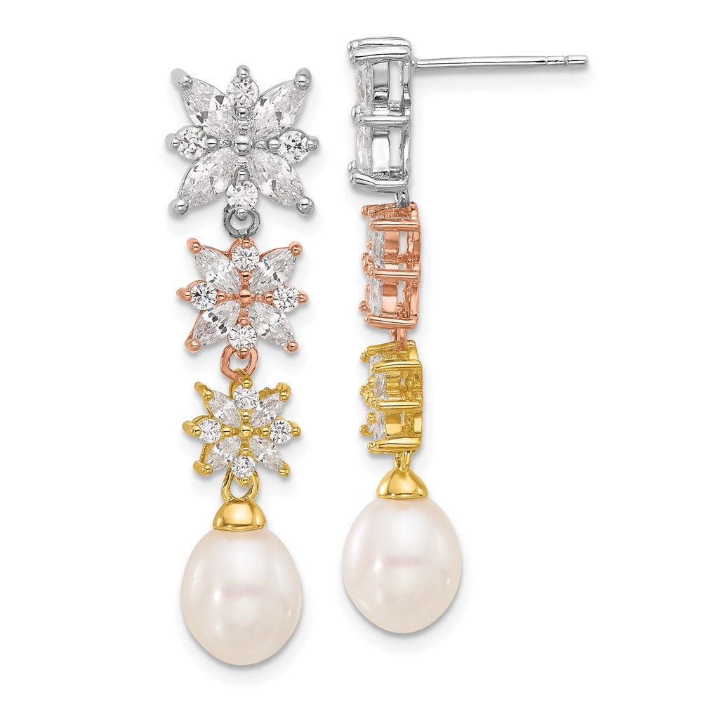Sterling Silver, Yellow & Rose Gold-plated FWC Pearl CZ Post Dangle Earrings