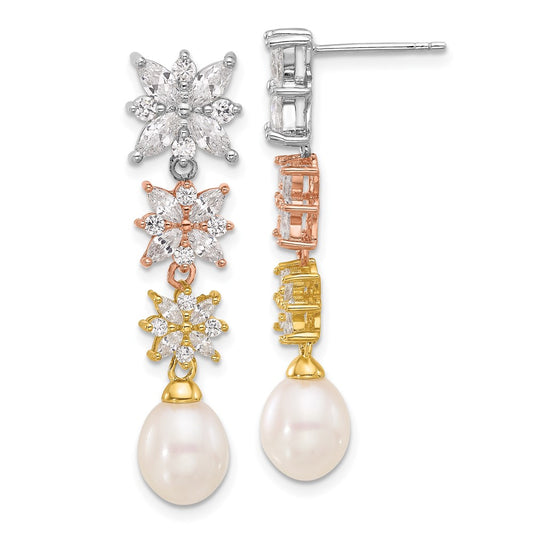Sterling Silver, Yellow & Rose Gold-plated FWC Pearl CZ Post Dangle Earrings