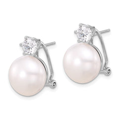 Rhodium-plated Silver 12-13mm FWC Pearl and CZ Omega Back Earrings