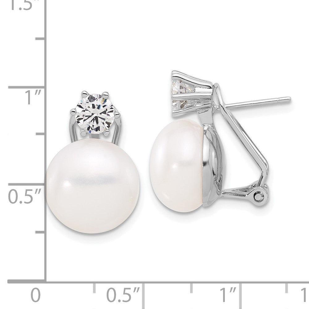 Rhodium-plated Silver 12-13mm FWC Pearl and CZ Omega Back Earrings