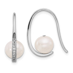 Rhodium-plated Silver 8-8.5mm FWC Pearl CZ Shepherd Hook Earrings