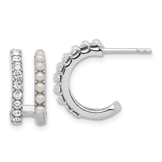 Rhodium-plated Silver FWC Pearl & Crystal Post Double Hoop Post Earrings