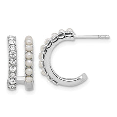 Rhodium-plated Silver FWC Pearl & Crystal Post Double Hoop Post Earrings