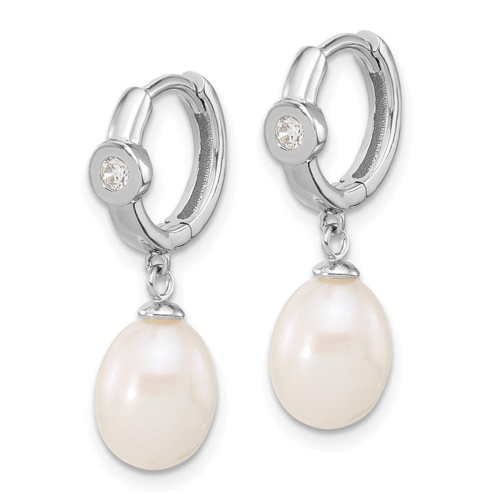 Rhodium-plated Silver 7-8mm Teardrop FWC Pearl CZ Hoop Earrings