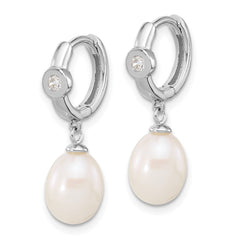 Rhodium-plated Silver 7-8mm Teardrop FWC Pearl CZ Hoop Earrings