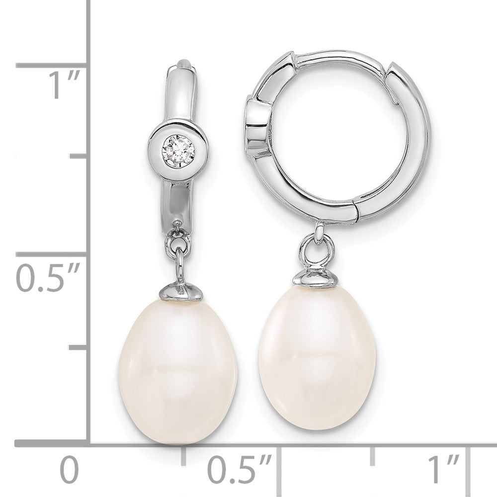 Rhodium-plated Silver 7-8mm Teardrop FWC Pearl CZ Hoop Earrings
