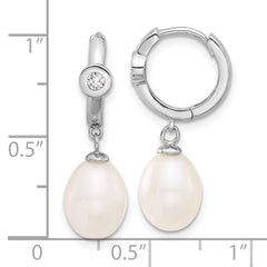 Rhodium-plated Silver 7-8mm Teardrop FWC Pearl CZ Hoop Earrings