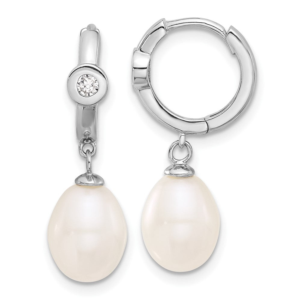 Rhodium-plated Silver 7-8mm Teardrop FWC Pearl CZ Hoop Earrings