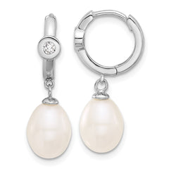 Rhodium-plated Silver 7-8mm Teardrop FWC Pearl CZ Hoop Earrings