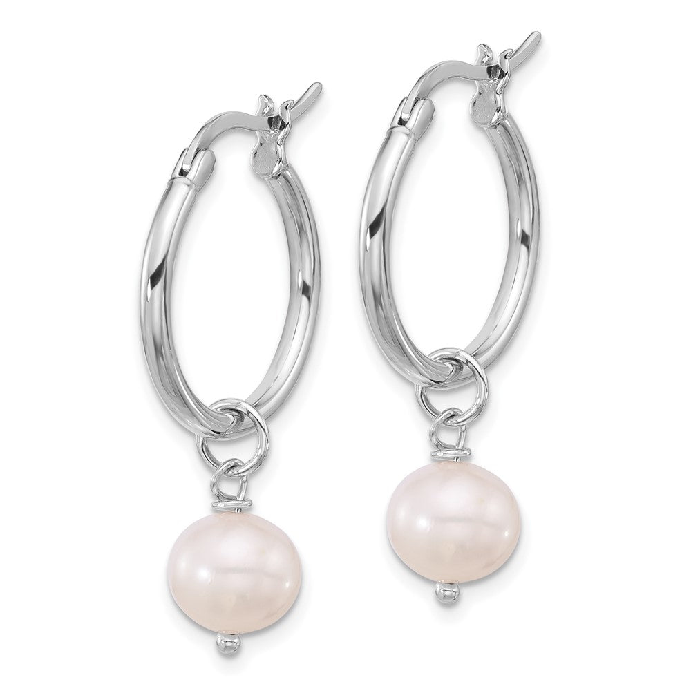 Rhodium-plated Silver FWC Pearl Dangle Hoop Earrings