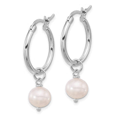 Rhodium-plated Silver FWC Pearl Dangle Hoop Earrings