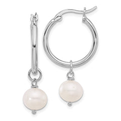 Rhodium-plated Silver FWC Pearl Dangle Hoop Earrings
