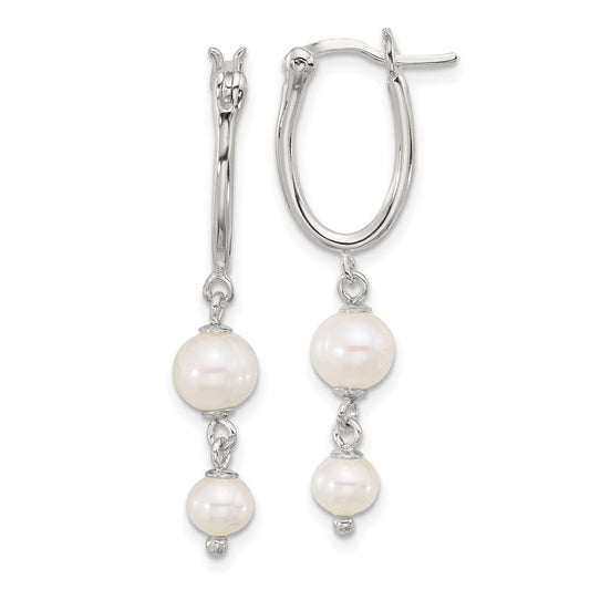 Sterling Silver Polished FWC Pearl Dangle Oval Hoop Hinged Earrings
