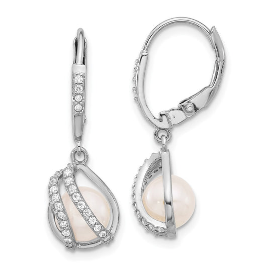 Rhodium-plated Sterling Silver 6-7mm FWC Pearl CZ Leverback Earrings