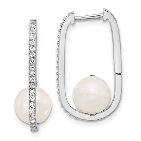 Rhodium-plated Silver 8-8.5mm FWC Pearl and CZ Oval Hoop Earrings