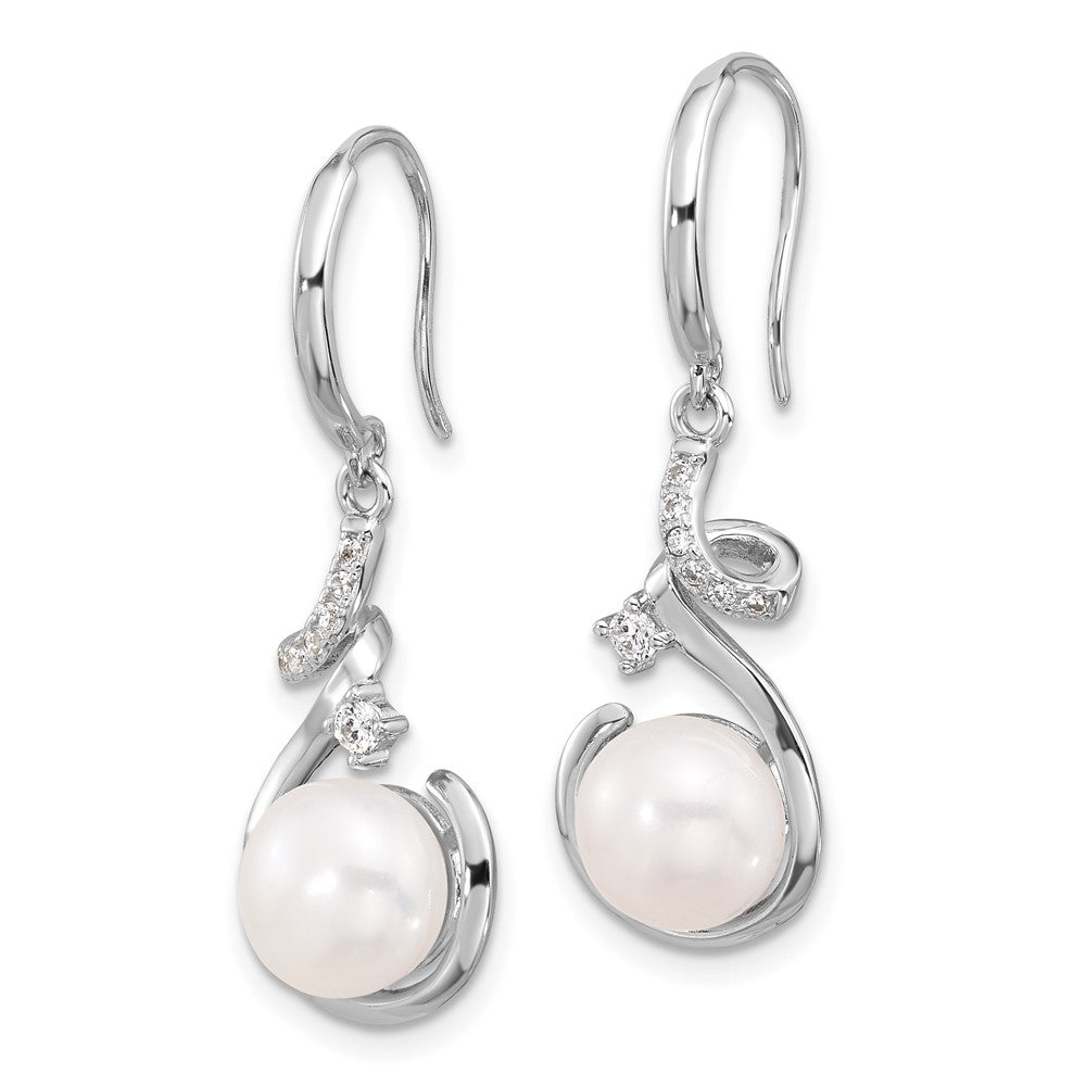 Rhodium-plated Silver 8-8.5mm FWC Pearl CZ Shepherd Hook Earrings