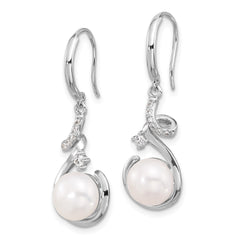 Rhodium-plated Silver 8-8.5mm FWC Pearl CZ Shepherd Hook Earrings