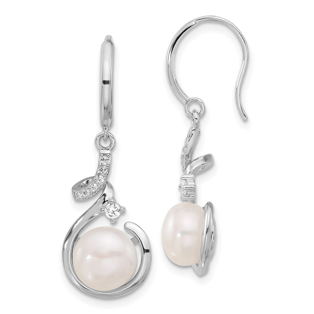 Rhodium-plated Silver 8-8.5mm FWC Pearl CZ Shepherd Hook Earrings