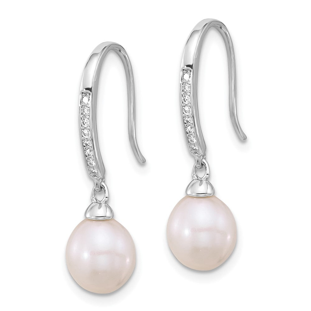 Rhodium-plated Silver 7-8mm Drop FWC Pearl CZ Shepherd Hook Earrings