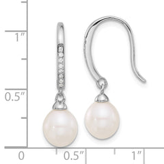 Rhodium-plated Silver 7-8mm Drop FWC Pearl CZ Shepherd Hook Earrings