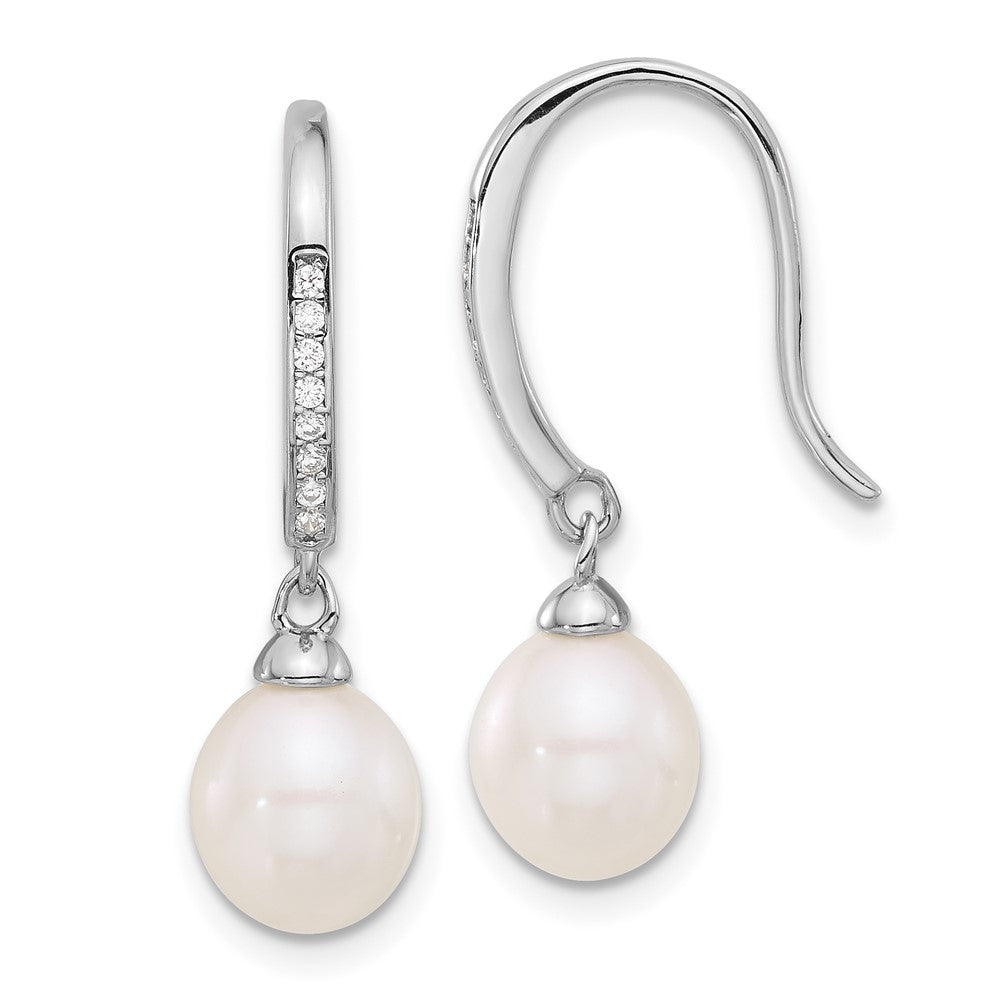 Rhodium-plated Silver 7-8mm Drop FWC Pearl CZ Shepherd Hook Earrings
