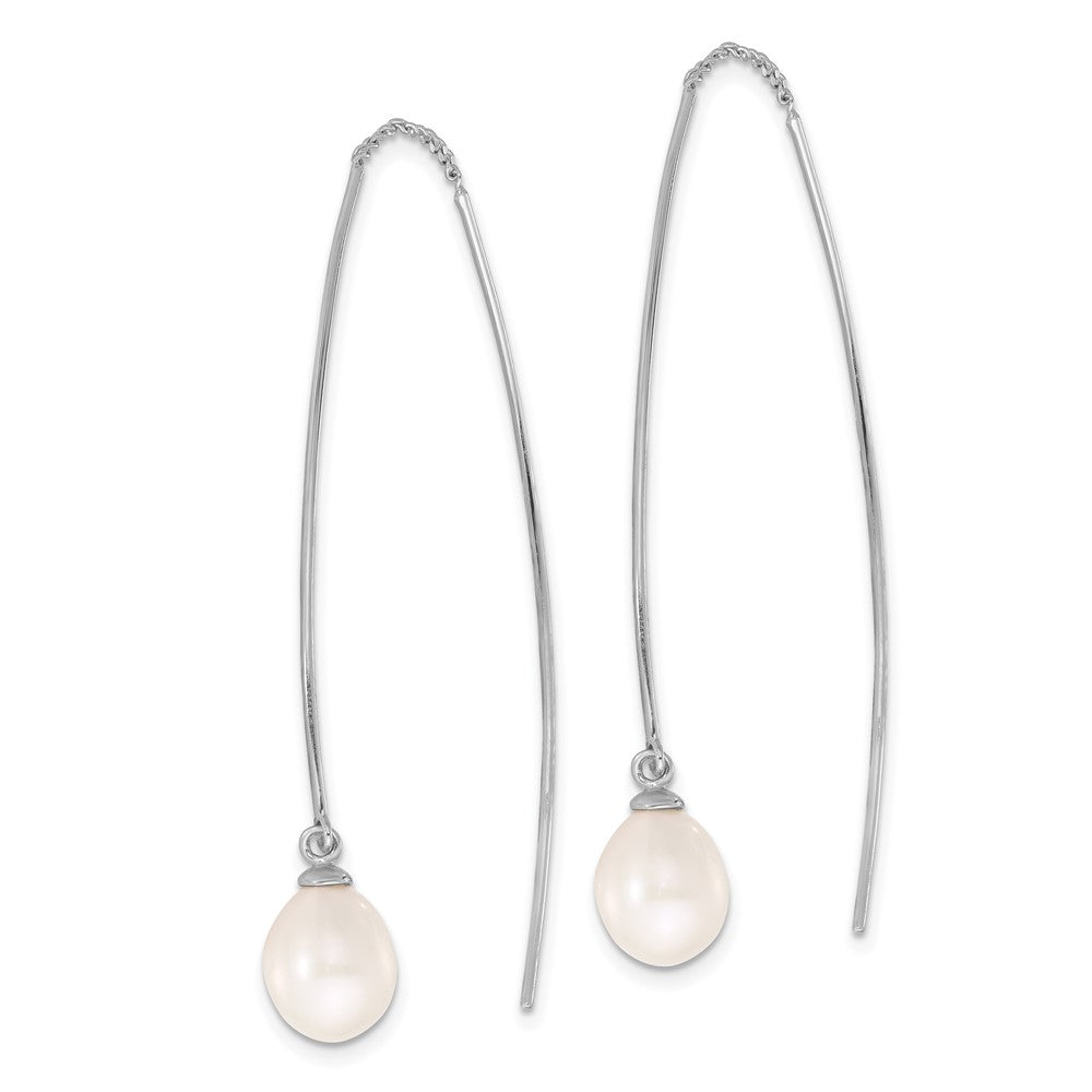 Rhodium-plated Silver 7-8mm FWC Drop Pearl Threader Dangle Earrings
