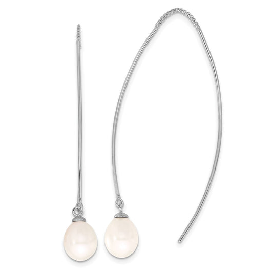 Rhodium-plated Silver 7-8mm FWC Drop Pearl Threader Dangle Earrings