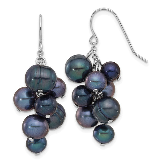 Rhodium-plated Sterling Silver 6-10mm Black FWC Pearl Dangle Earrings
