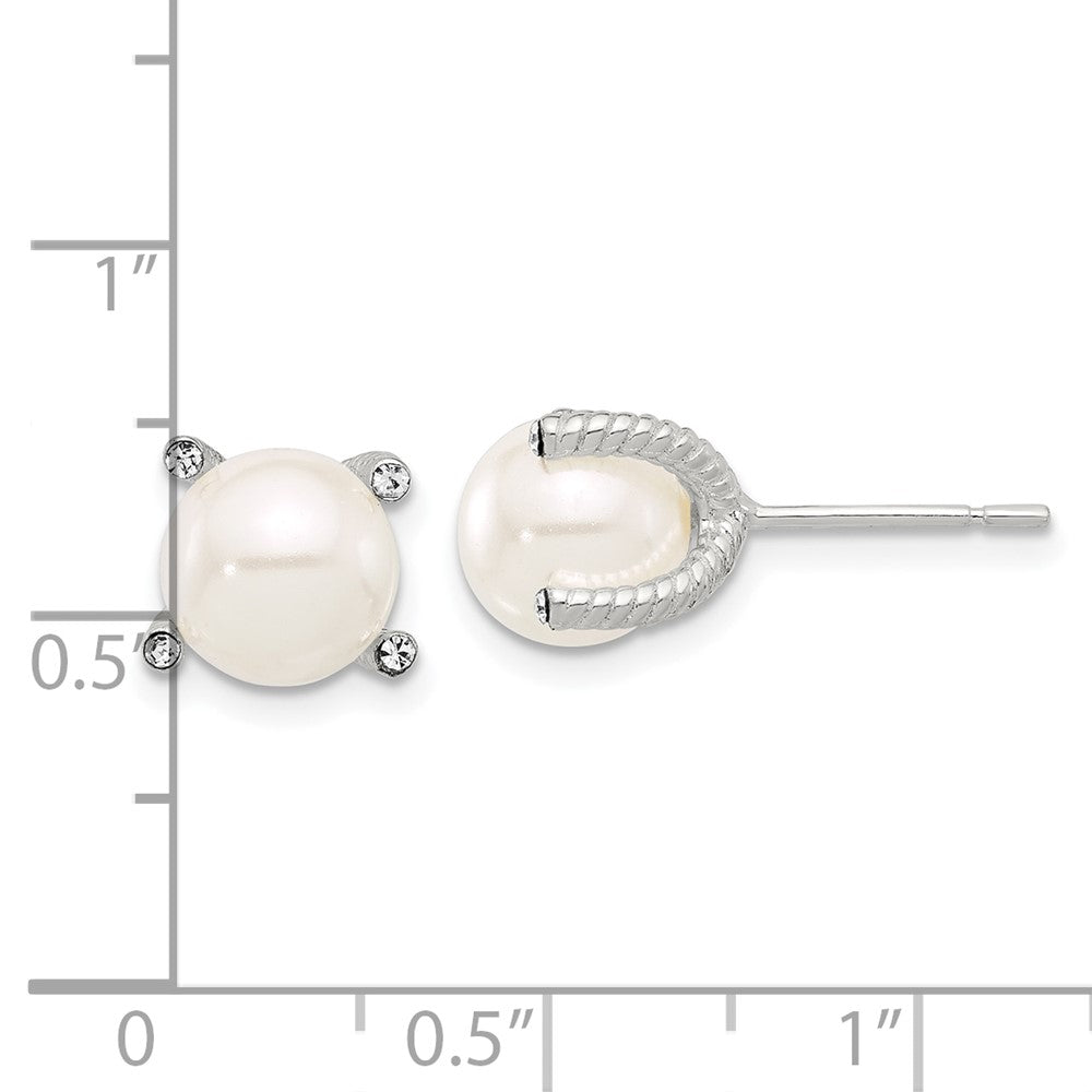 Sterling Silver Polished CZ and Synthetic Pearl Stud Earrings