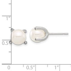 Sterling Silver Polished CZ and Synthetic Pearl Stud Earrings