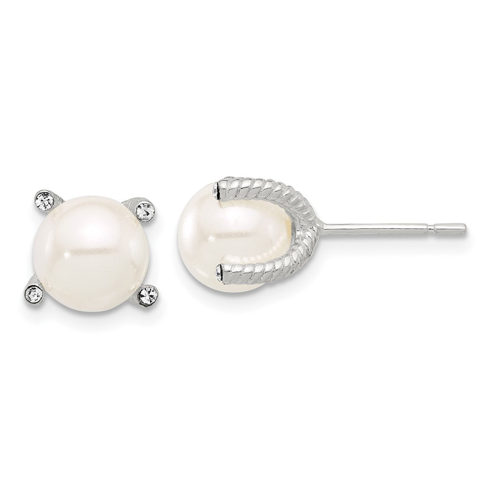 Sterling Silver Polished CZ and Synthetic Pearl Stud Earrings