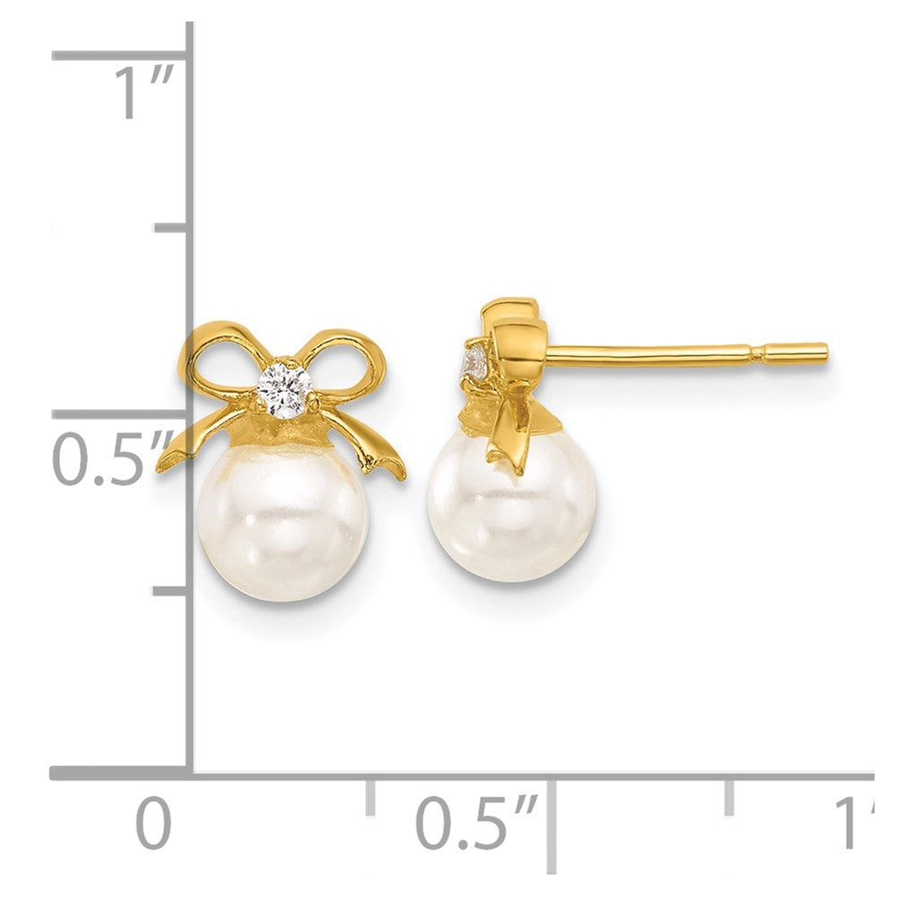 Yellow Gold-plated Sterling Silver Polished CZ and Synthetic Pearl Bow Earrings