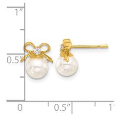Yellow Gold-plated Sterling Silver Polished CZ and Synthetic Pearl Bow Earrings