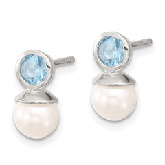 Sterling Silver Polished Blue CZ & 6mm Glass Pearl Post Earrings