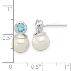 Sterling Silver Polished Blue 5mm CZ & 8mm Glass Pearl Post Earrings