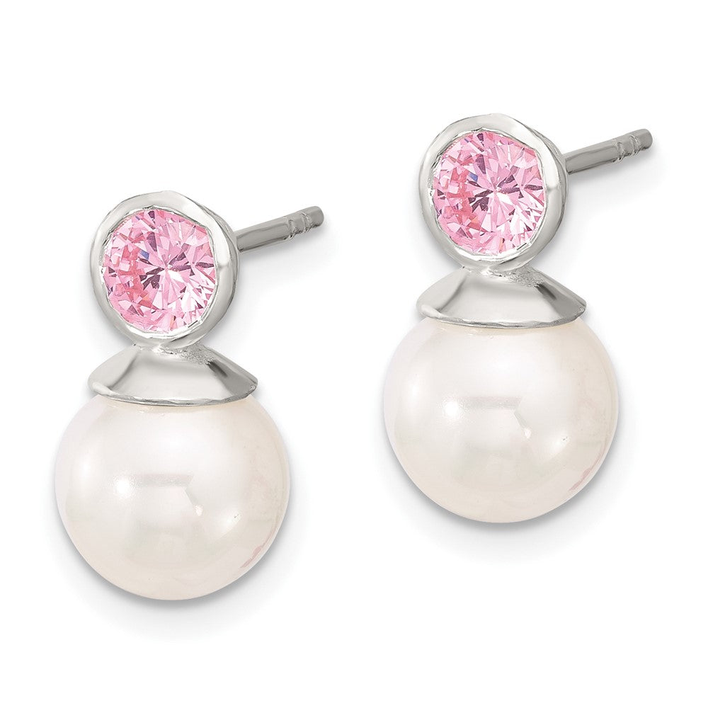 Sterling Silver Polished Pink 5mm CZ and 8mm Glass Pearl Post Earrings