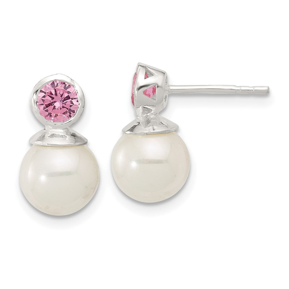 Sterling Silver Polished Pink 5mm CZ and 8mm Glass Pearl Post Earrings