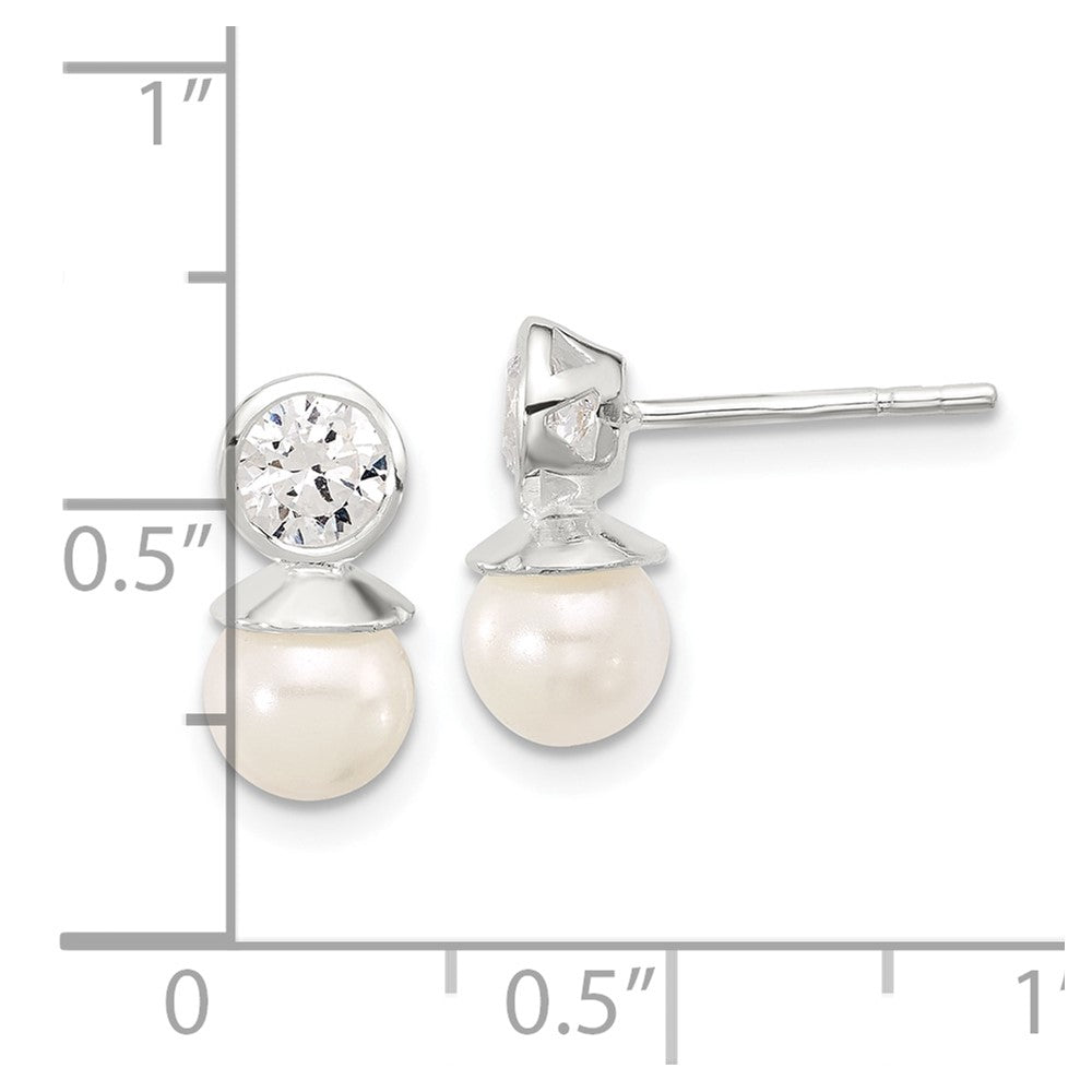 Sterling Silver Polished 3mm CZ and 6mm Glass Pearl Post Earrings