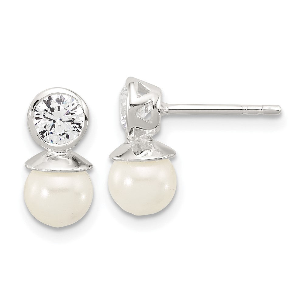 Sterling Silver Polished 4mm CZ and 6mm Glass Pearl Post Earrings