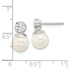 Sterling Silver Polished 5mm CZ and 8mm Glass Pearl Post Earrings